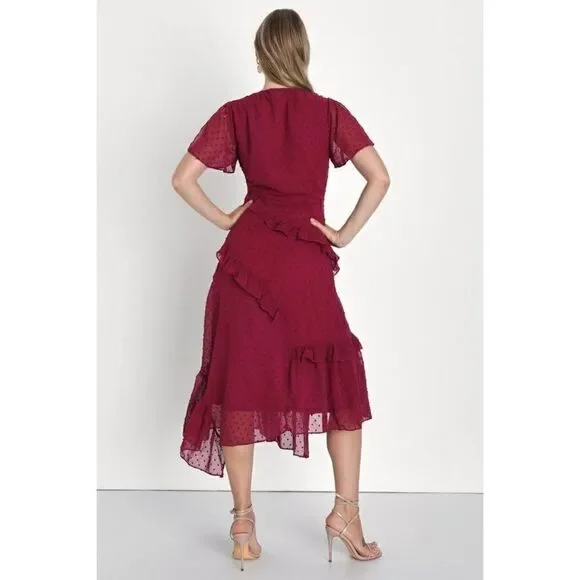 Lulus Next to You Plum Swiss Dot Ruffled Midi Dress - Picture 2 of 8